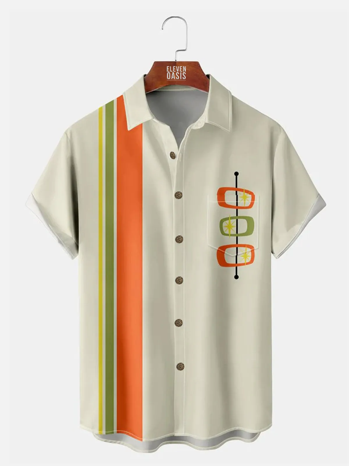 Casual Art Collection Geometric Stripes Color Block Bowling Shirt
