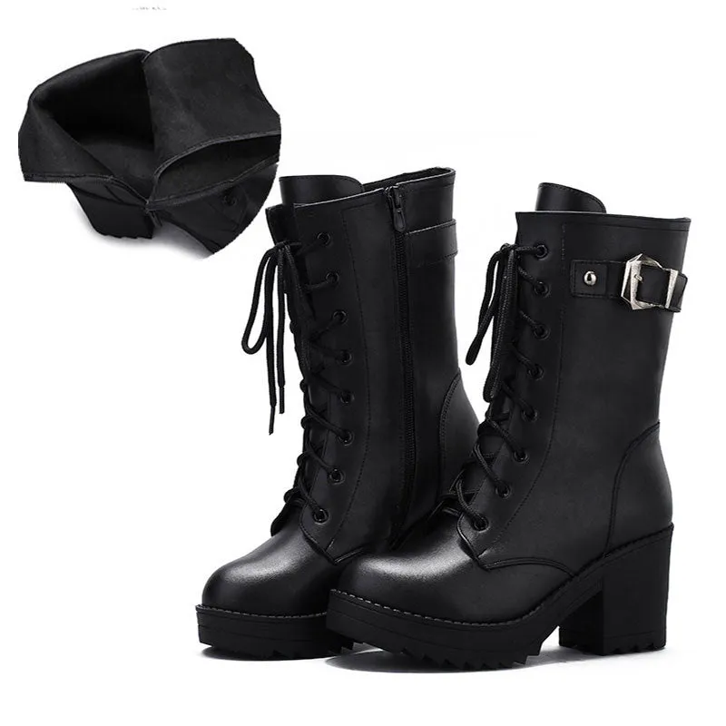 High Heeled Side Zipper Leather Buckle Martin Boots