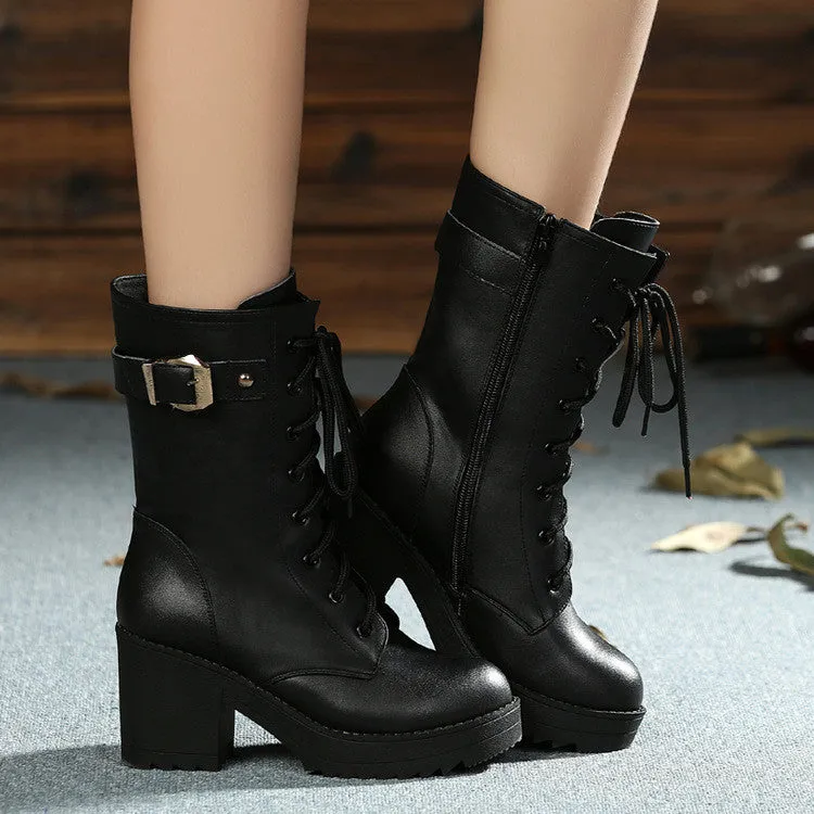 High Heeled Side Zipper Leather Buckle Martin Boots