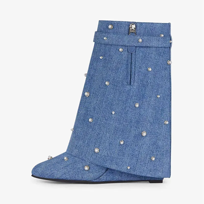 New Round-Toe Chunky Heel Pearl Fashion Boots
