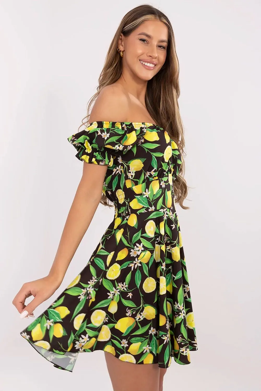 Off-Shoulder Lemon Print Mini Dress