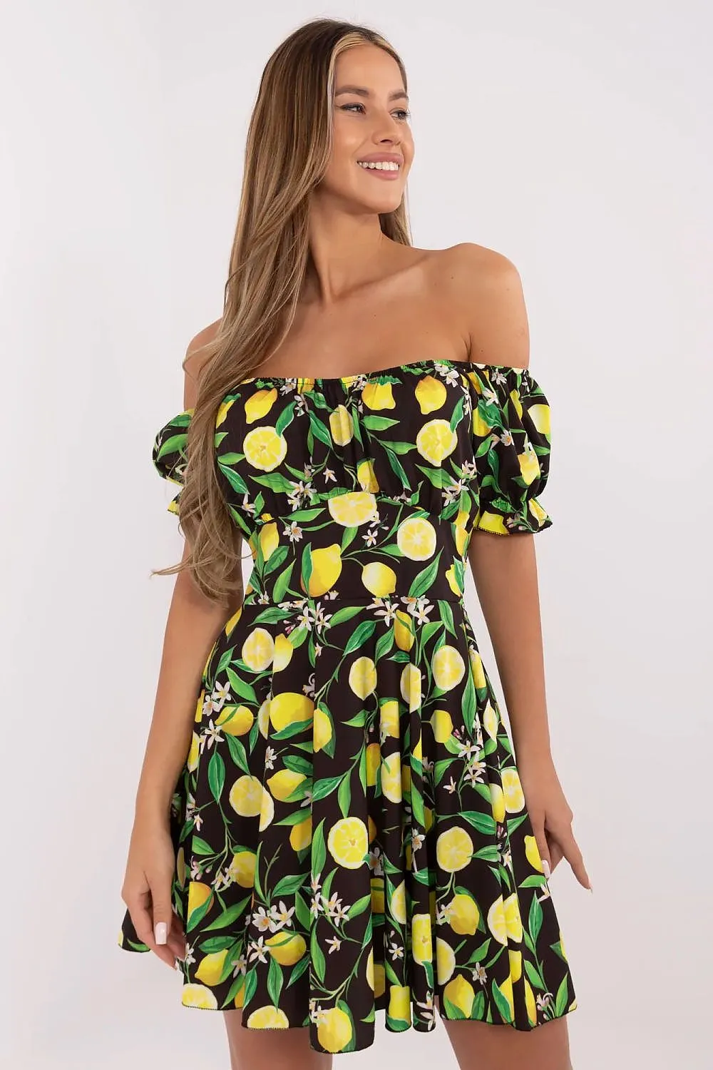 Off-Shoulder Lemon Print Mini Dress