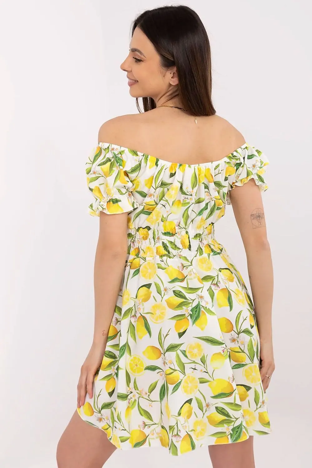 Off-Shoulder Lemon Print Mini Dress