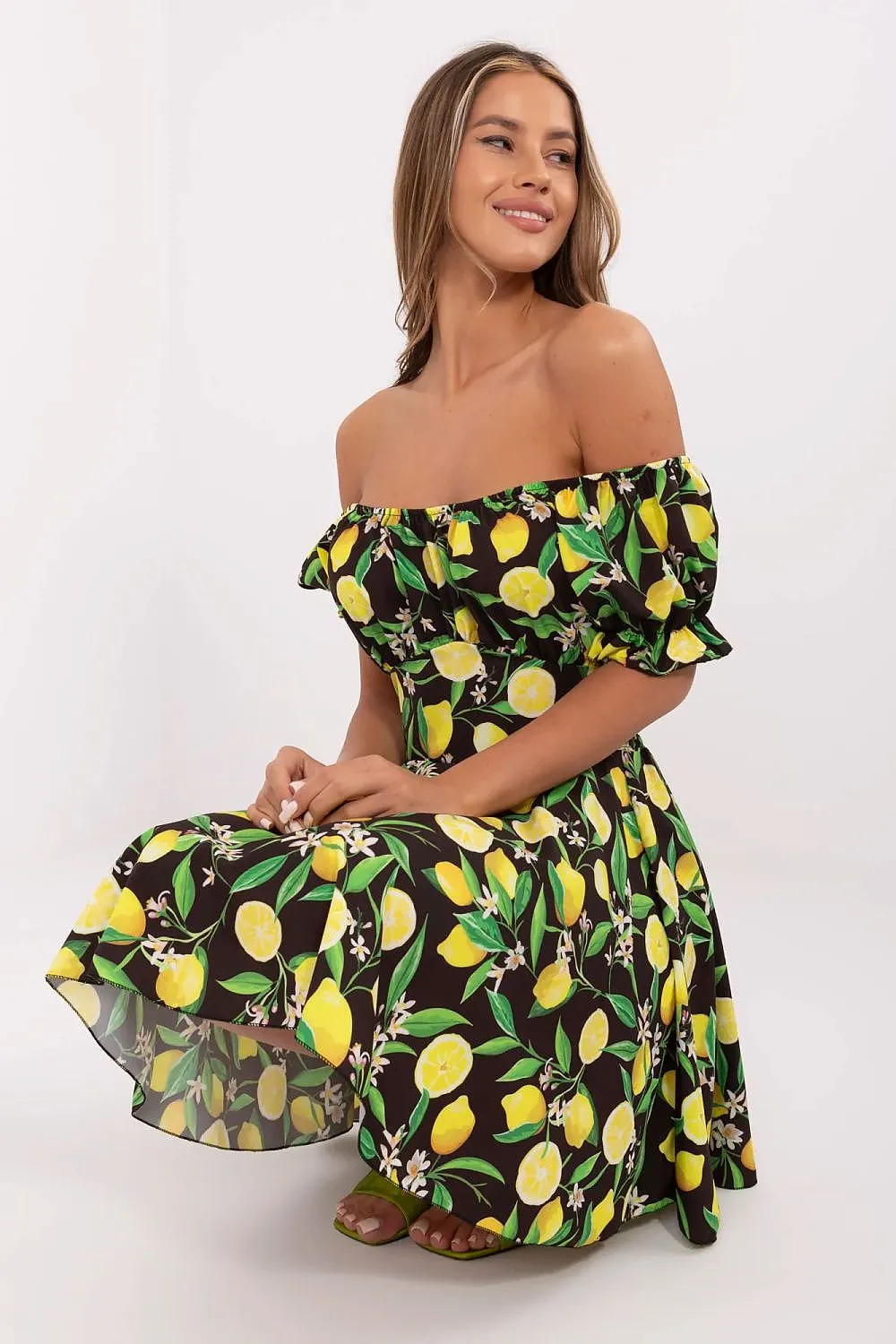 Off-Shoulder Lemon Print Mini Dress