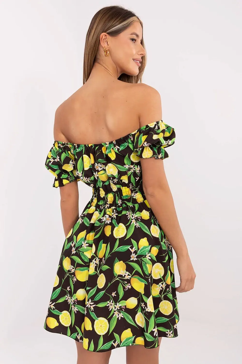 Off-Shoulder Lemon Print Mini Dress