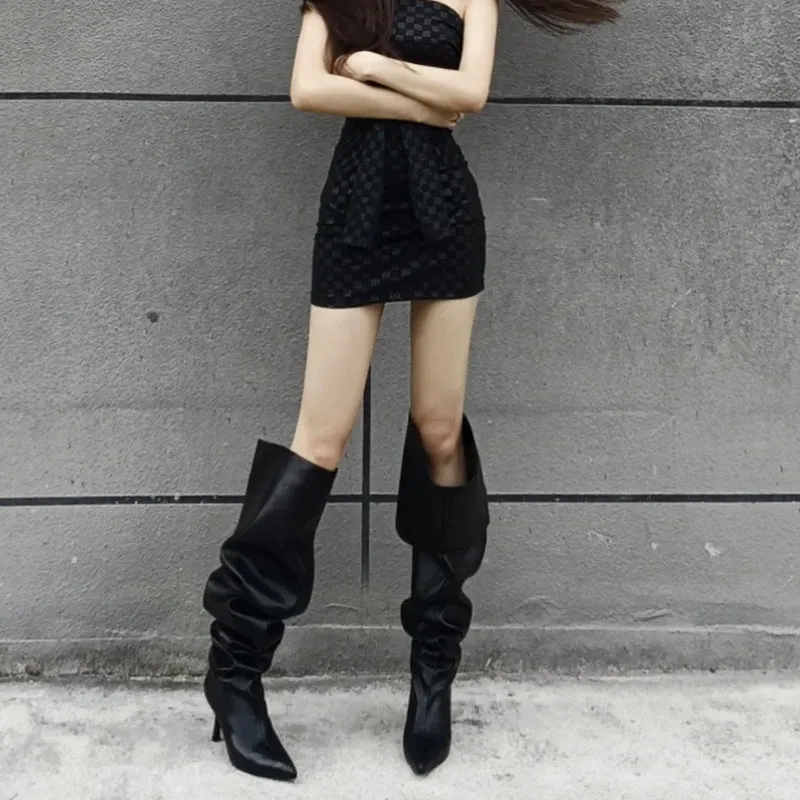 Pointed-Toe Stiletto Wide-Calf Ruched Boots