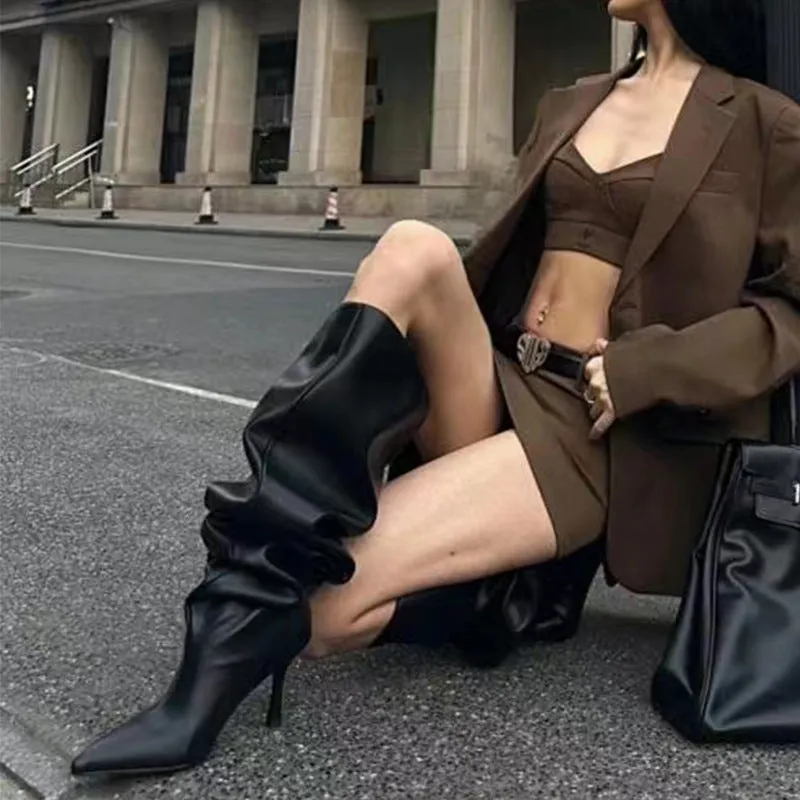Pointed-Toe Stiletto Wide-Calf Ruched Boots