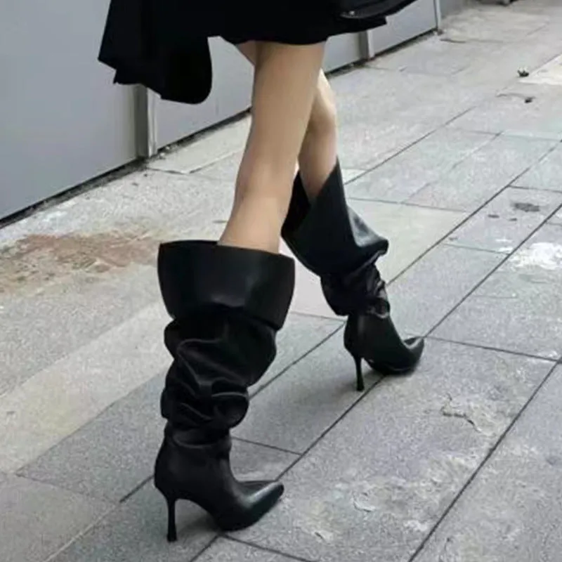Pointed-Toe Stiletto Wide-Calf Ruched Boots