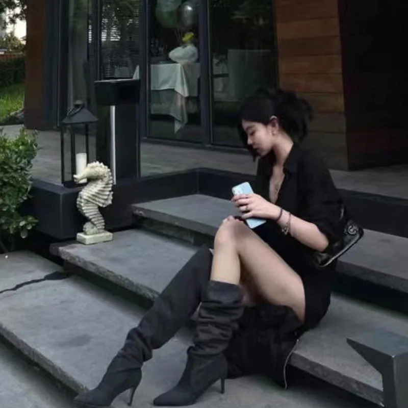 Pointed-Toe Stiletto Wide-Calf Ruched Boots