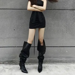 Pointed-Toe Stiletto Wide-Calf Ruched Boots