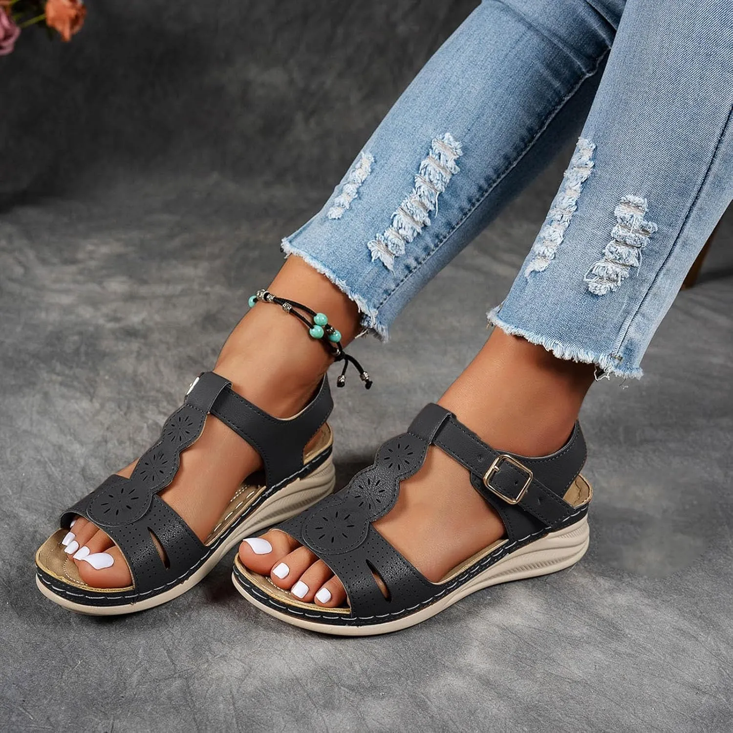 Sandals for Women Orthopedic Shoes,2025 Summer Casual Fashionable T-strap Open Toe Hollow Out Asjustable Ankle Strap Sandals Comfortable Walking Sports Platform Dressy Wedge Footwear