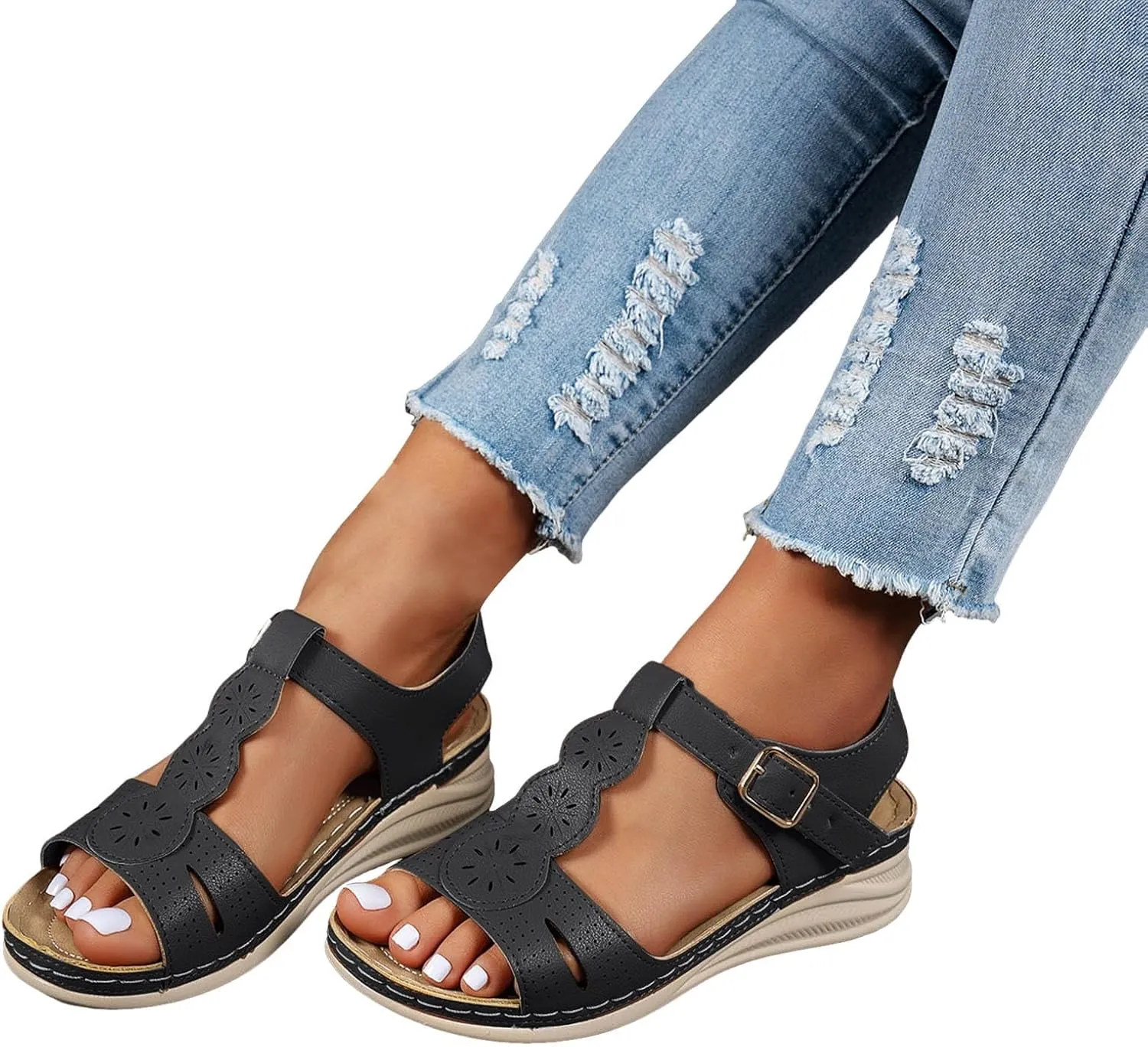 Sandals for Women Orthopedic Shoes,2025 Summer Casual Fashionable T-strap Open Toe Hollow Out Asjustable Ankle Strap Sandals Comfortable Walking Sports Platform Dressy Wedge Footwear