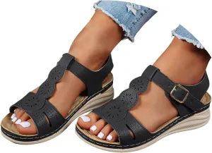 Sandals for Women Orthopedic Shoes,2025 Summer Casual Fashionable T-strap Open Toe Hollow Out Asjustable Ankle Strap Sandals Comfortable Walking Sports Platform Dressy Wedge Footwear