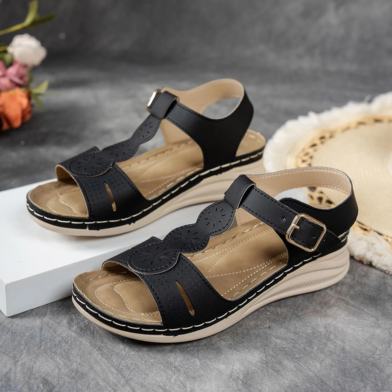 Sandals for Women Orthopedic Shoes,2025 Summer Casual Fashionable T-strap Open Toe Hollow Out Asjustable Ankle Strap Sandals Comfortable Walking Sports Platform Dressy Wedge Footwear