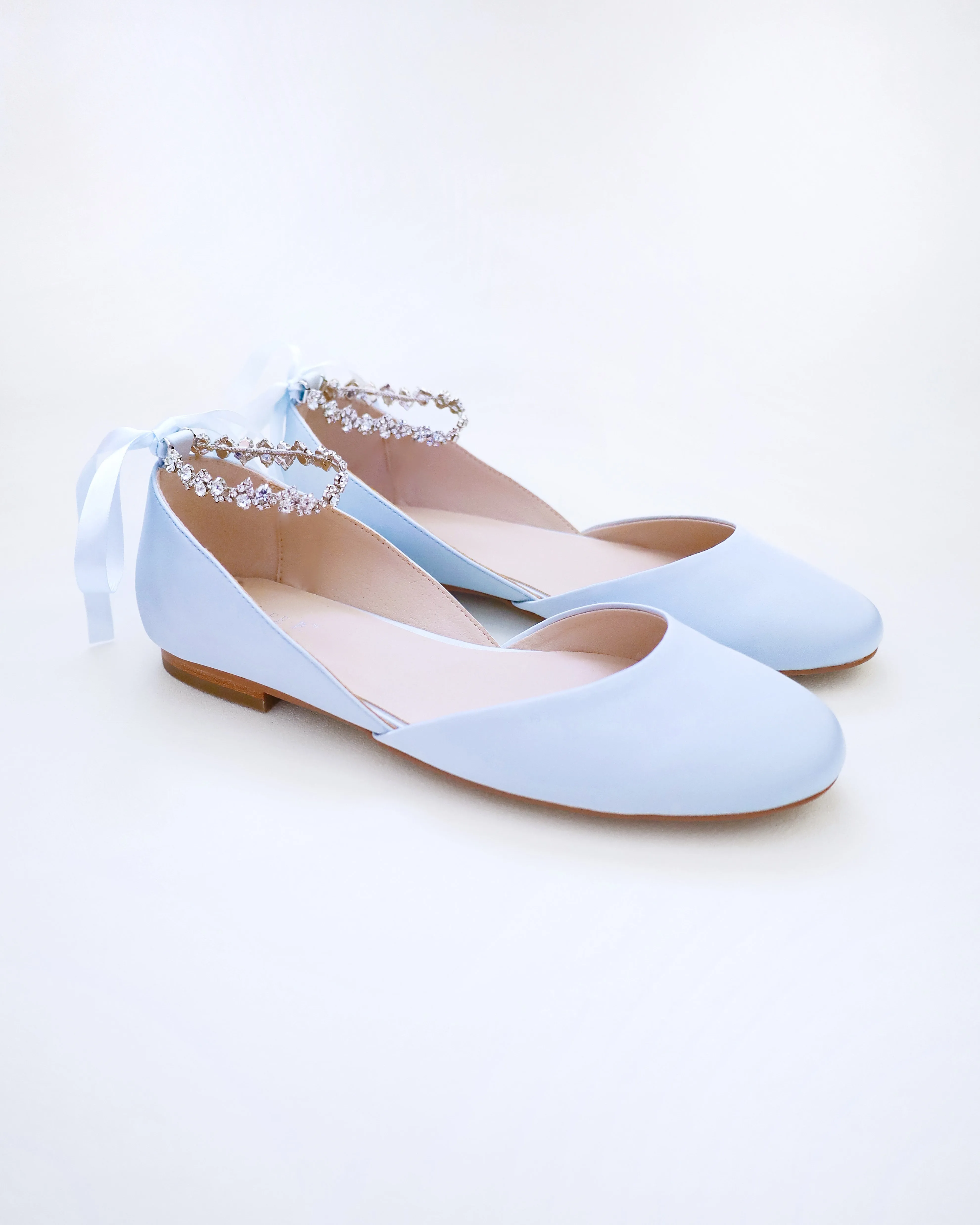 Satin Round Toe Wedding Flat with Amaryllis Strap