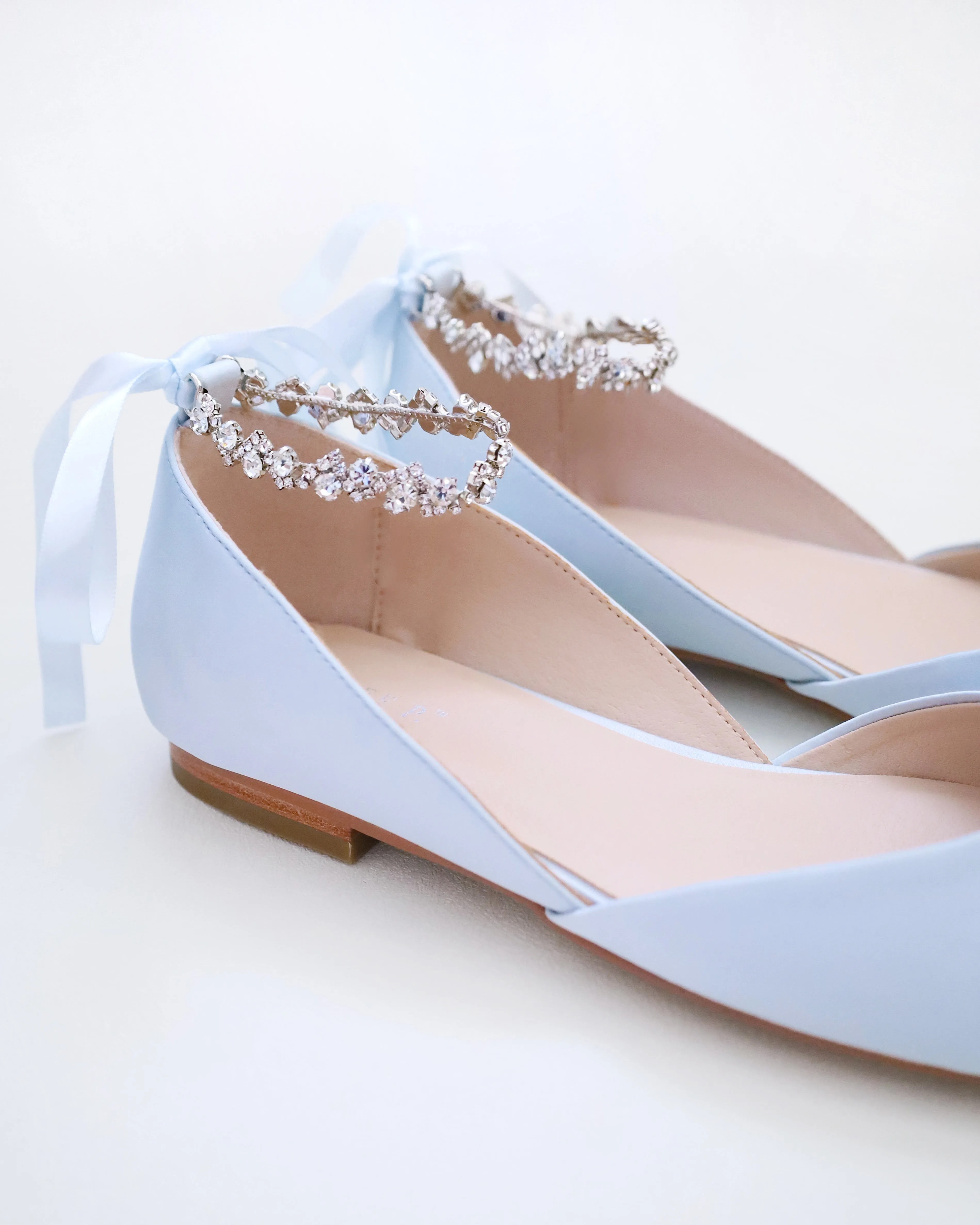 Satin Round Toe Wedding Flat with Amaryllis Strap