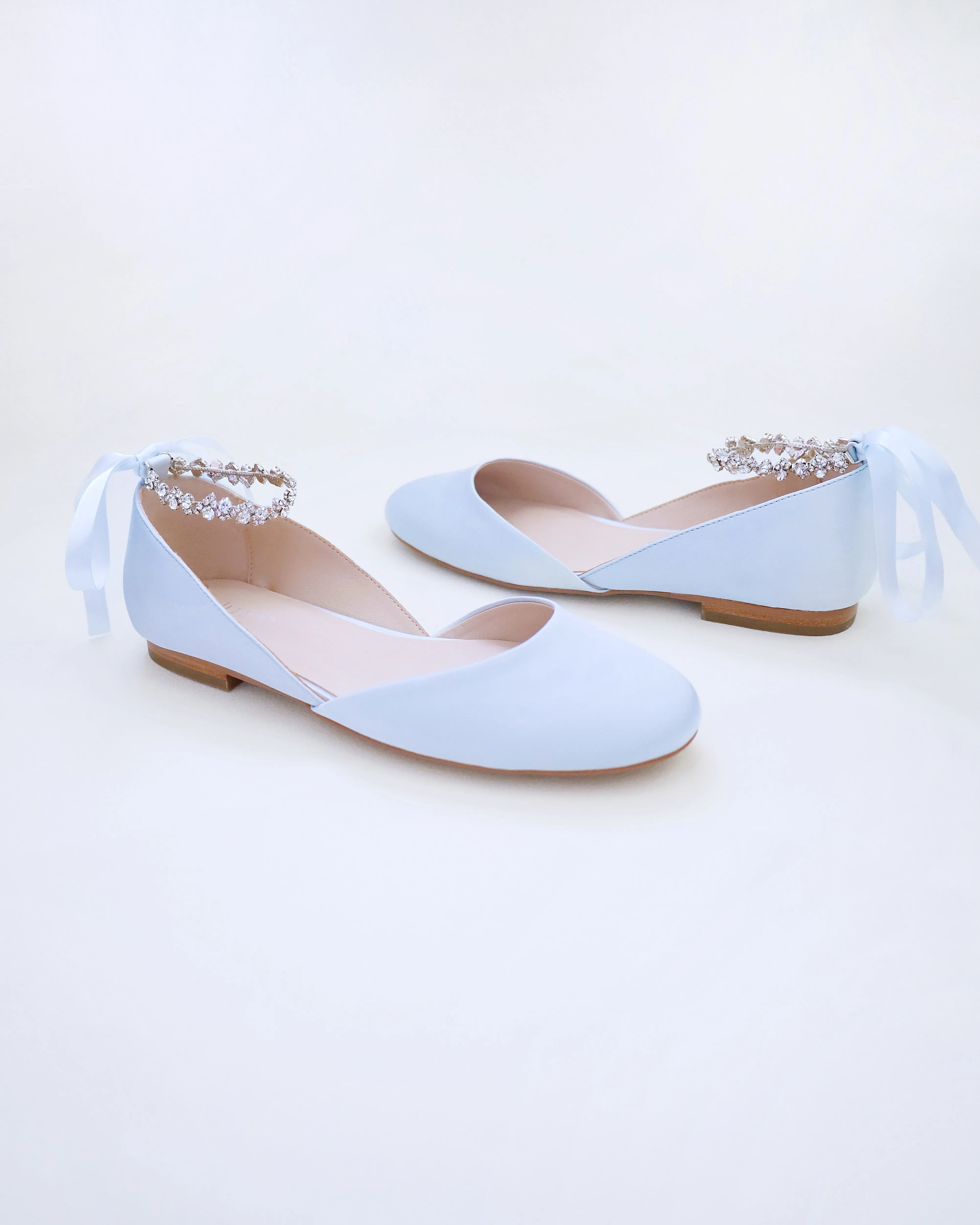 Satin Round Toe Wedding Flat with Amaryllis Strap