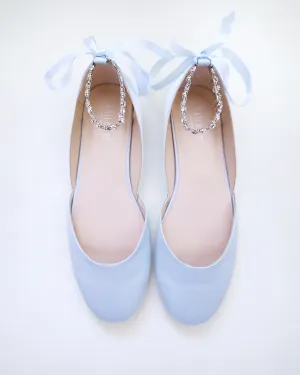 Satin Round Toe Wedding Flat with Amaryllis Strap
