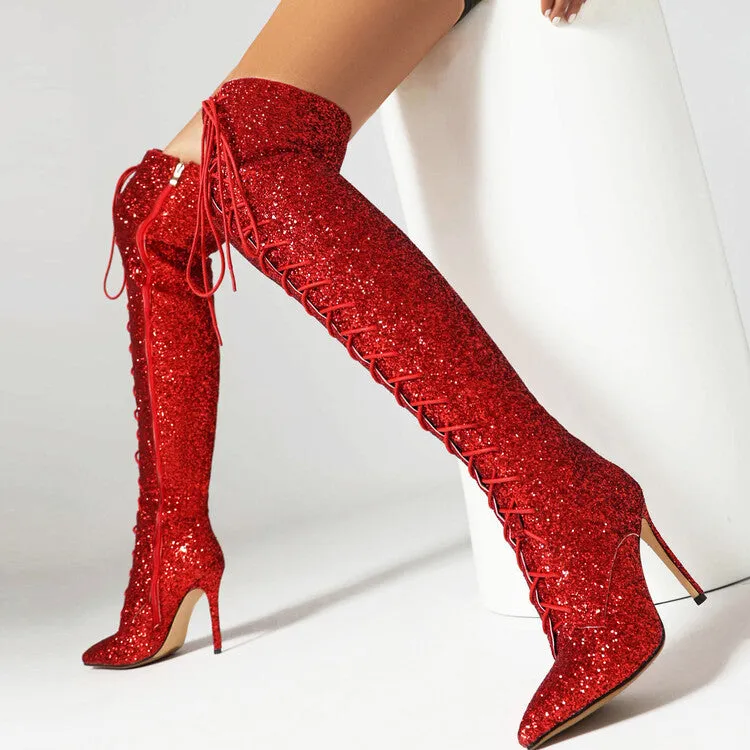 Sensual Elegance Pointed Toe and Slim Heel Glittery Over-the-Knee Boots