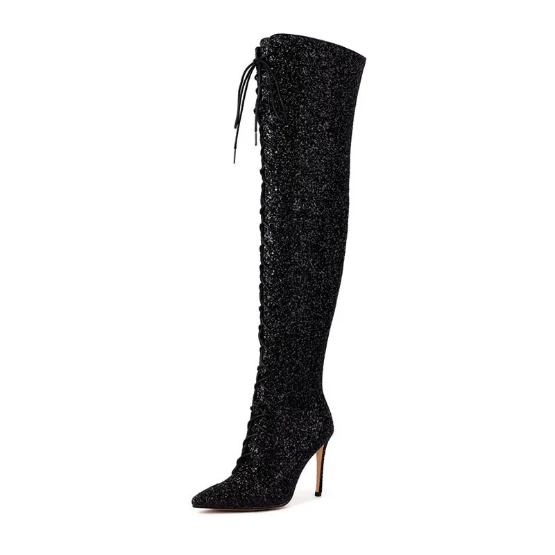 Sensual Elegance Pointed Toe and Slim Heel Glittery Over-the-Knee Boots