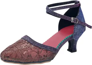 SuanlaTDS Buckle Ankle Strap Heeled Sandals for Womens, Comfortable Mesh Closed Toe Latin Dance Shoes Summer Block Heeled Party Sandals Ladies Wedding Prom Dress Pump Shoes