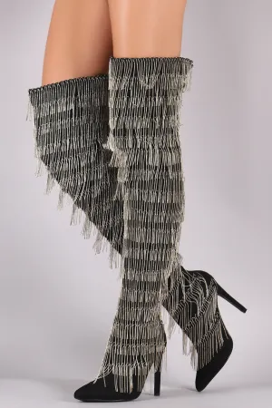 Suede Pointy Toe Chain Fringe Over-The-Knee Stiletto Boots