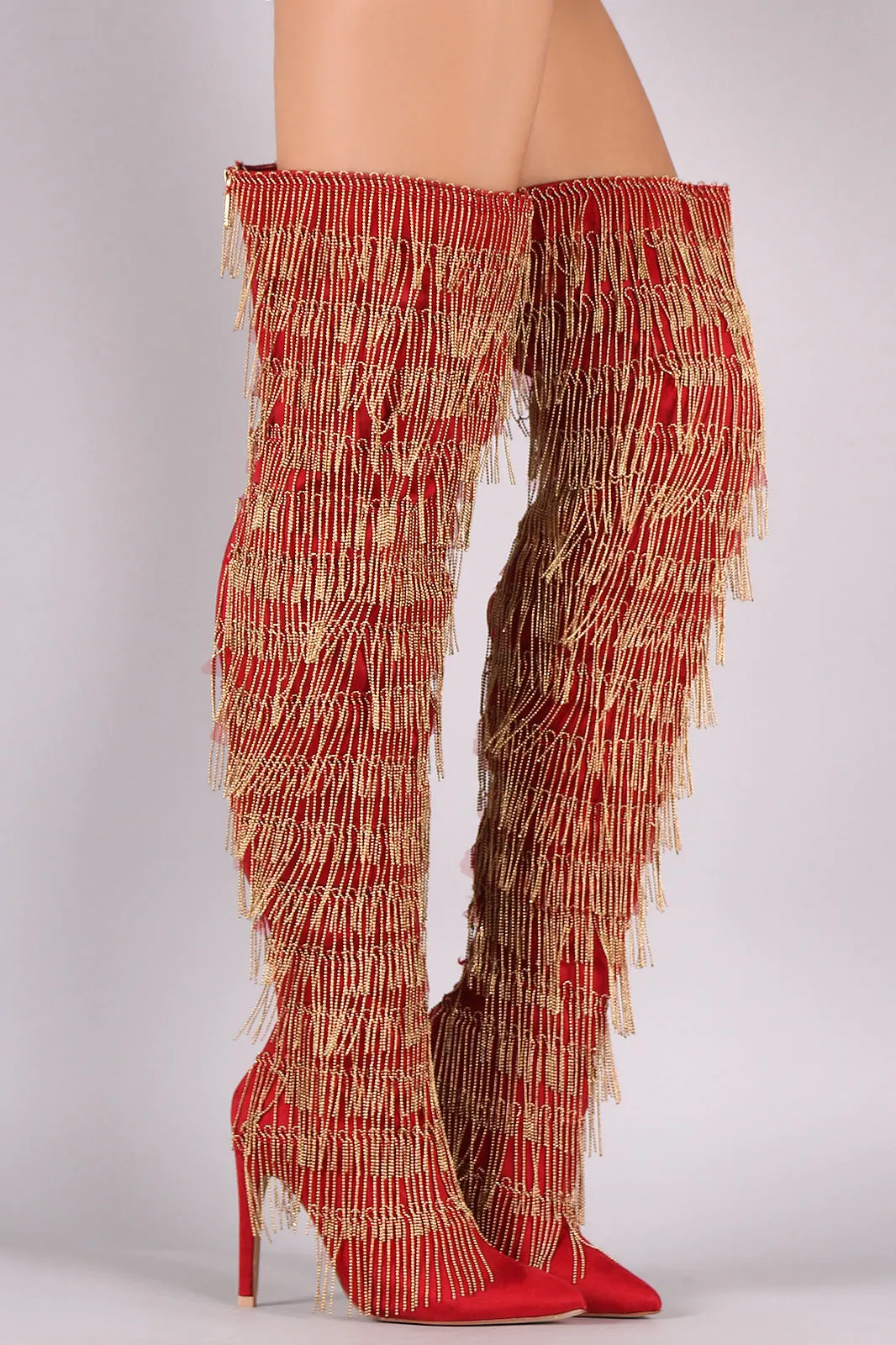 Suede Pointy Toe Chain Fringe Over-The-Knee Stiletto Boots