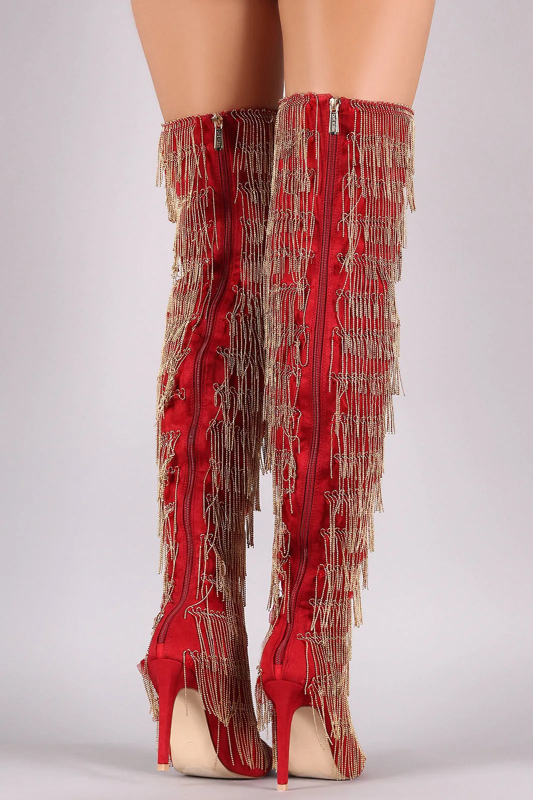 Suede Pointy Toe Chain Fringe Over-The-Knee Stiletto Boots