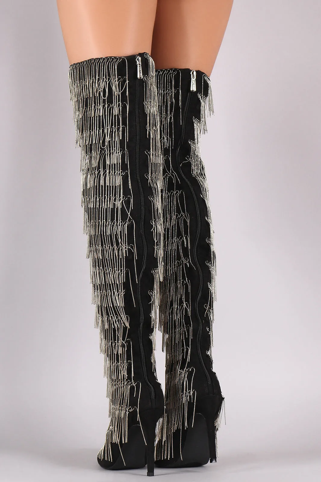 Suede Pointy Toe Chain Fringe Over-The-Knee Stiletto Boots