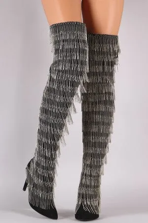 Suede Pointy Toe Chain Fringe Over-The-Knee Stiletto Boots