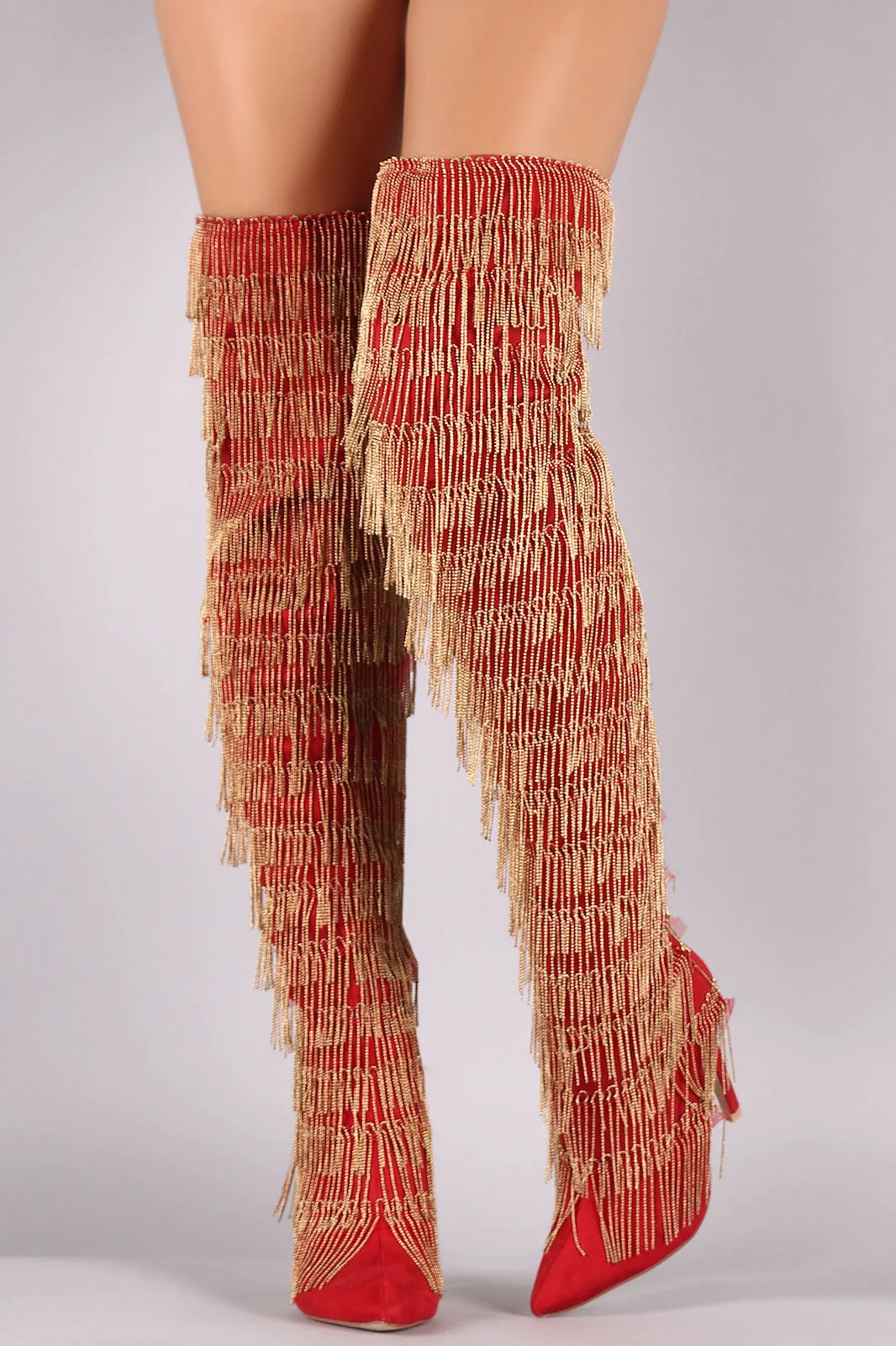 Suede Pointy Toe Chain Fringe Over-The-Knee Stiletto Boots