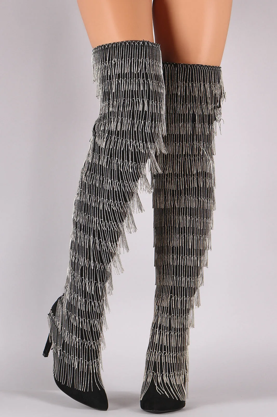 Suede Pointy Toe Chain Fringe Over-The-Knee Stiletto Boots