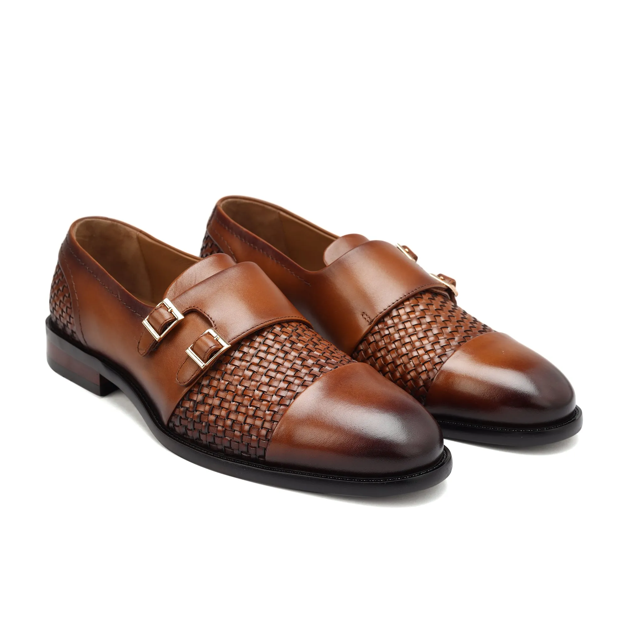 Tan Textured Leather Monk Straps