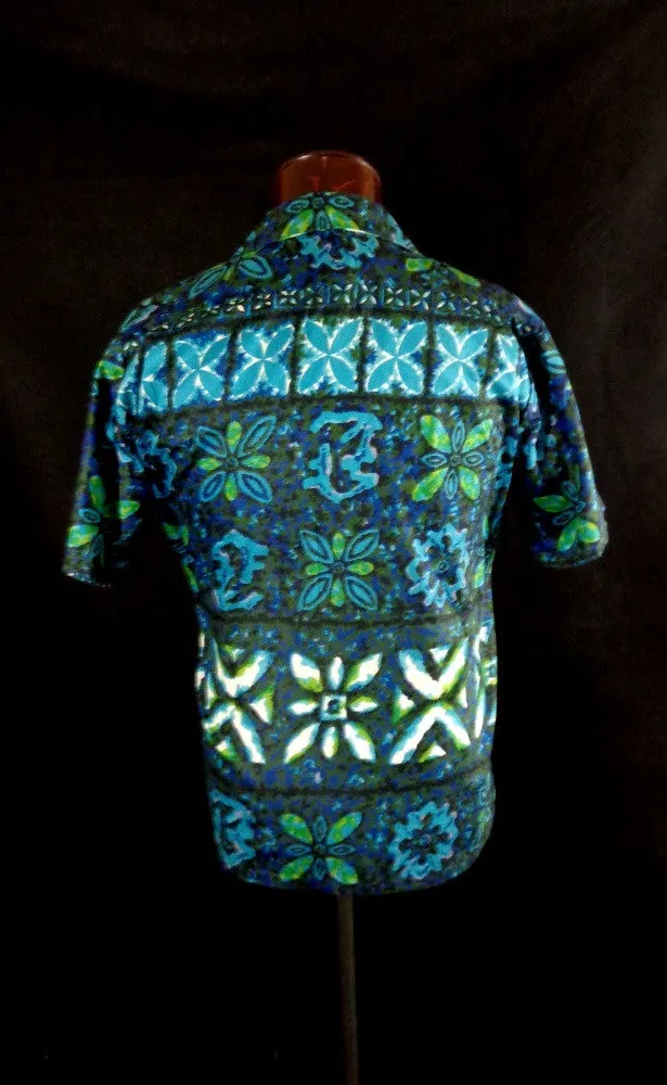 Vintage Mid Century Blue Likeke Tribal Style Floral Print Hawaiian Shirt 48