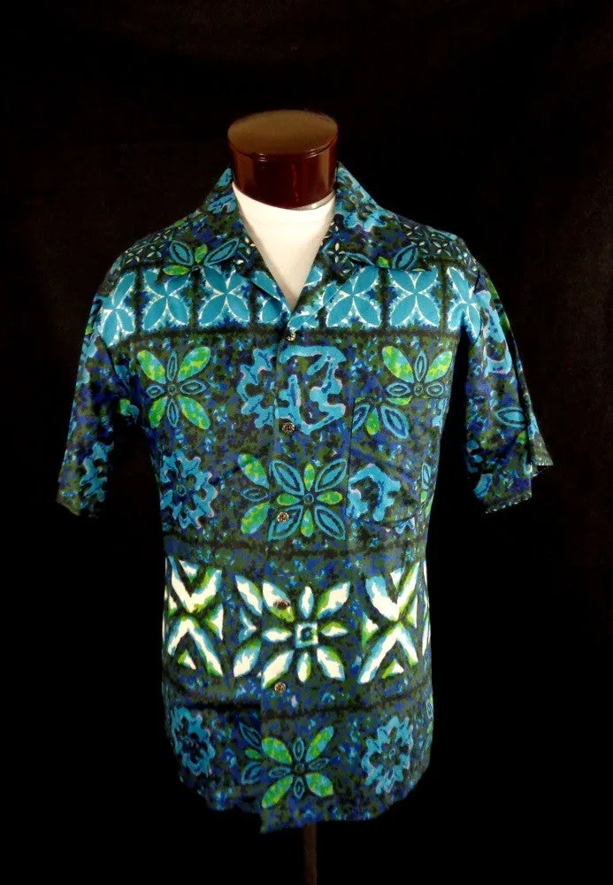 Vintage Mid Century Blue Likeke Tribal Style Floral Print Hawaiian Shirt 48