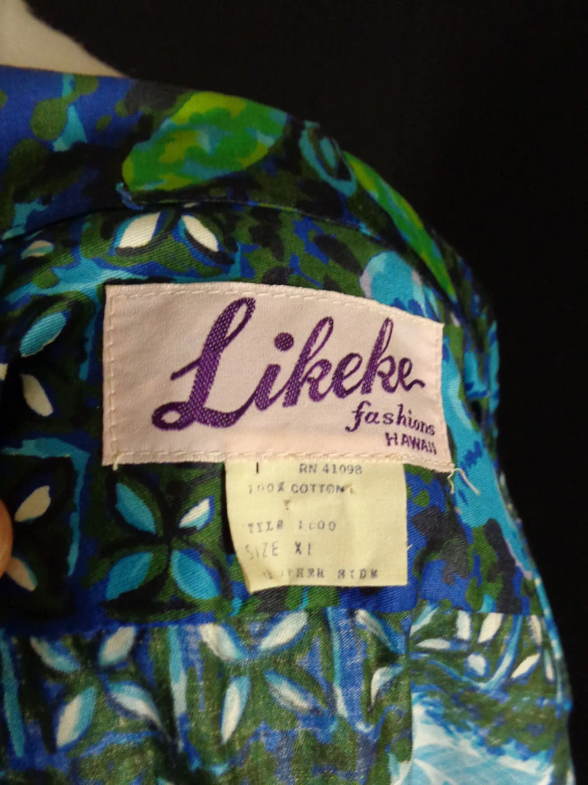 Vintage Mid Century Blue Likeke Tribal Style Floral Print Hawaiian Shirt 48