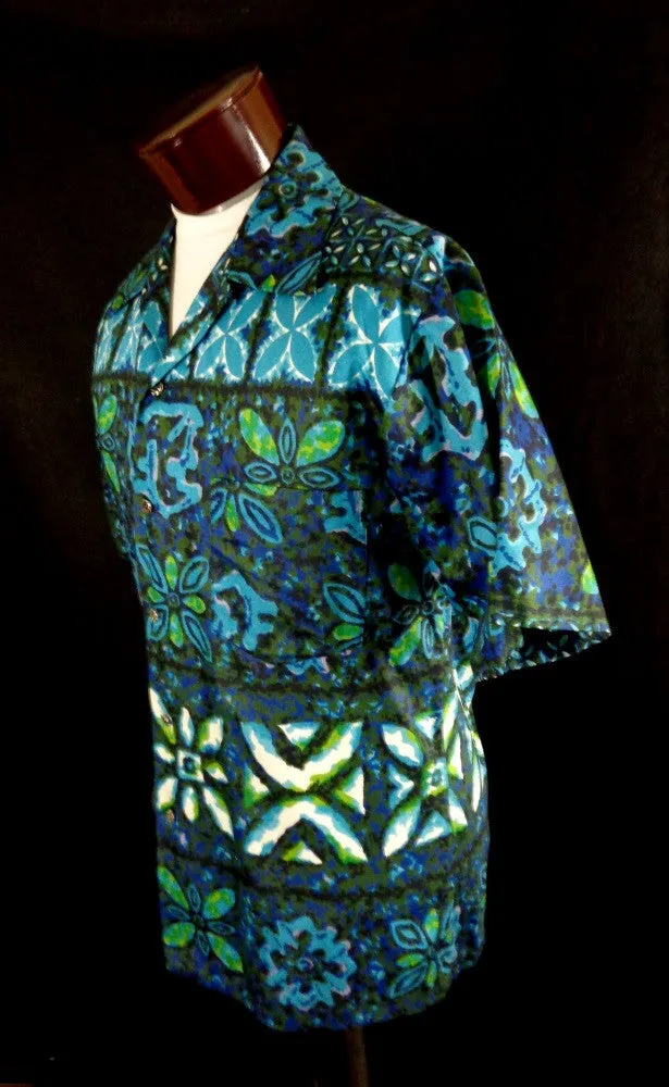 Vintage Mid Century Blue Likeke Tribal Style Floral Print Hawaiian Shirt 48