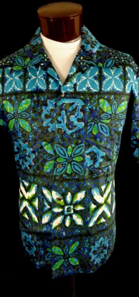 Vintage Mid Century Blue Likeke Tribal Style Floral Print Hawaiian Shirt 48
