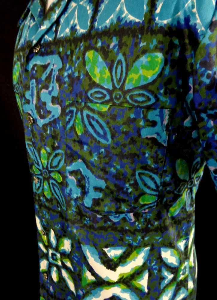 Vintage Mid Century Blue Likeke Tribal Style Floral Print Hawaiian Shirt 48