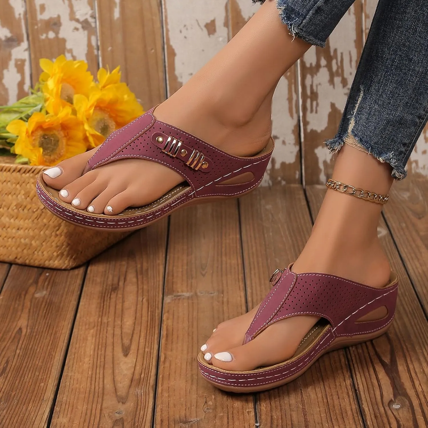 Women's Platform Wedge Flip Flops 2025 Summer Casual Fashionable Hollow Out Walking Wide Width Slides Comfortable Backless Mules Adjustable Slide Walking Shoes with Arch Support