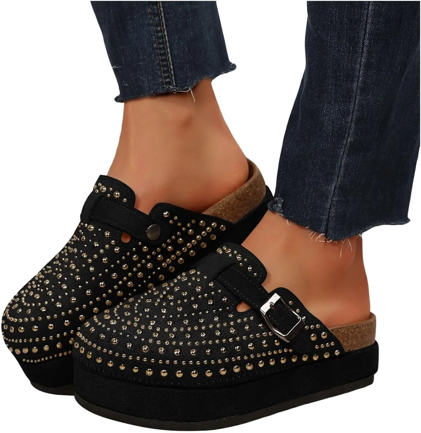 Women's Rhinestone Suede Clogs Mules Arch Support Potato Shoes 2025 Summer Casual Closed Toe Adjustable Strap Slip On Sandals Fashionable Beach Vacation Wide Width Walking Dress Shoes