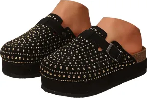 Women's Rhinestone Suede Clogs Mules Arch Support Potato Shoes 2025 Summer Casual Closed Toe Adjustable Strap Slip On Sandals Fashionable Beach Vacation Wide Width Walking Dress Shoes