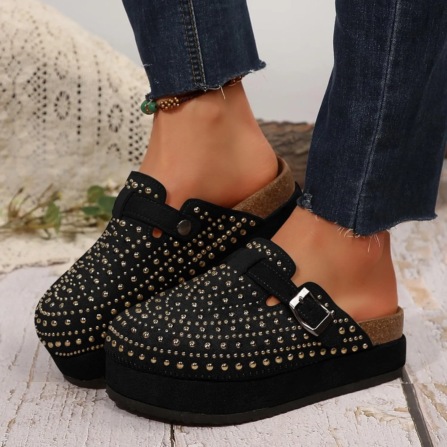 Women's Rhinestone Suede Clogs Mules Arch Support Potato Shoes 2025 Summer Casual Closed Toe Adjustable Strap Slip On Sandals Fashionable Beach Vacation Wide Width Walking Dress Shoes