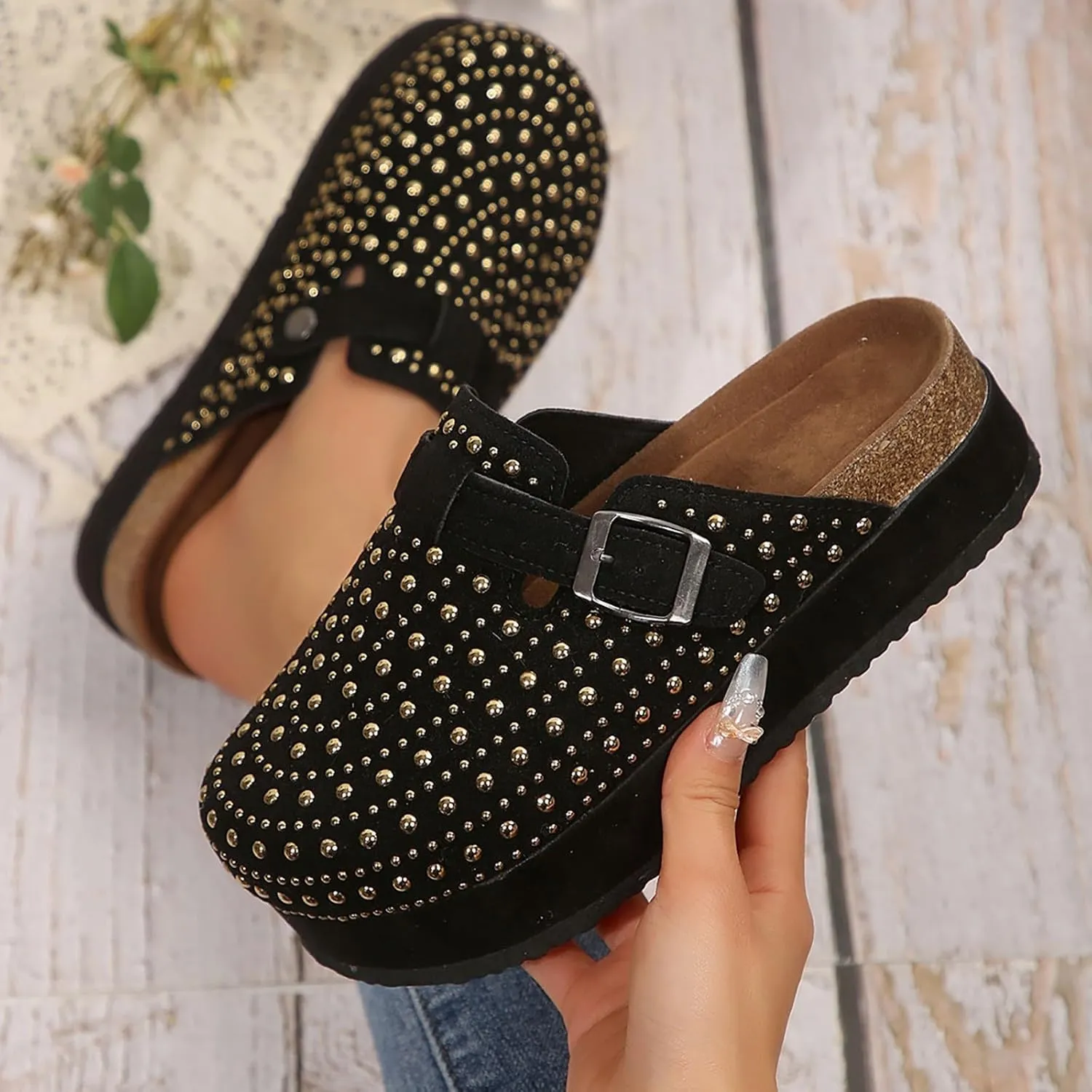 Women's Rhinestone Suede Clogs Mules Arch Support Potato Shoes 2025 Summer Casual Closed Toe Adjustable Strap Slip On Sandals Fashionable Beach Vacation Wide Width Walking Dress Shoes