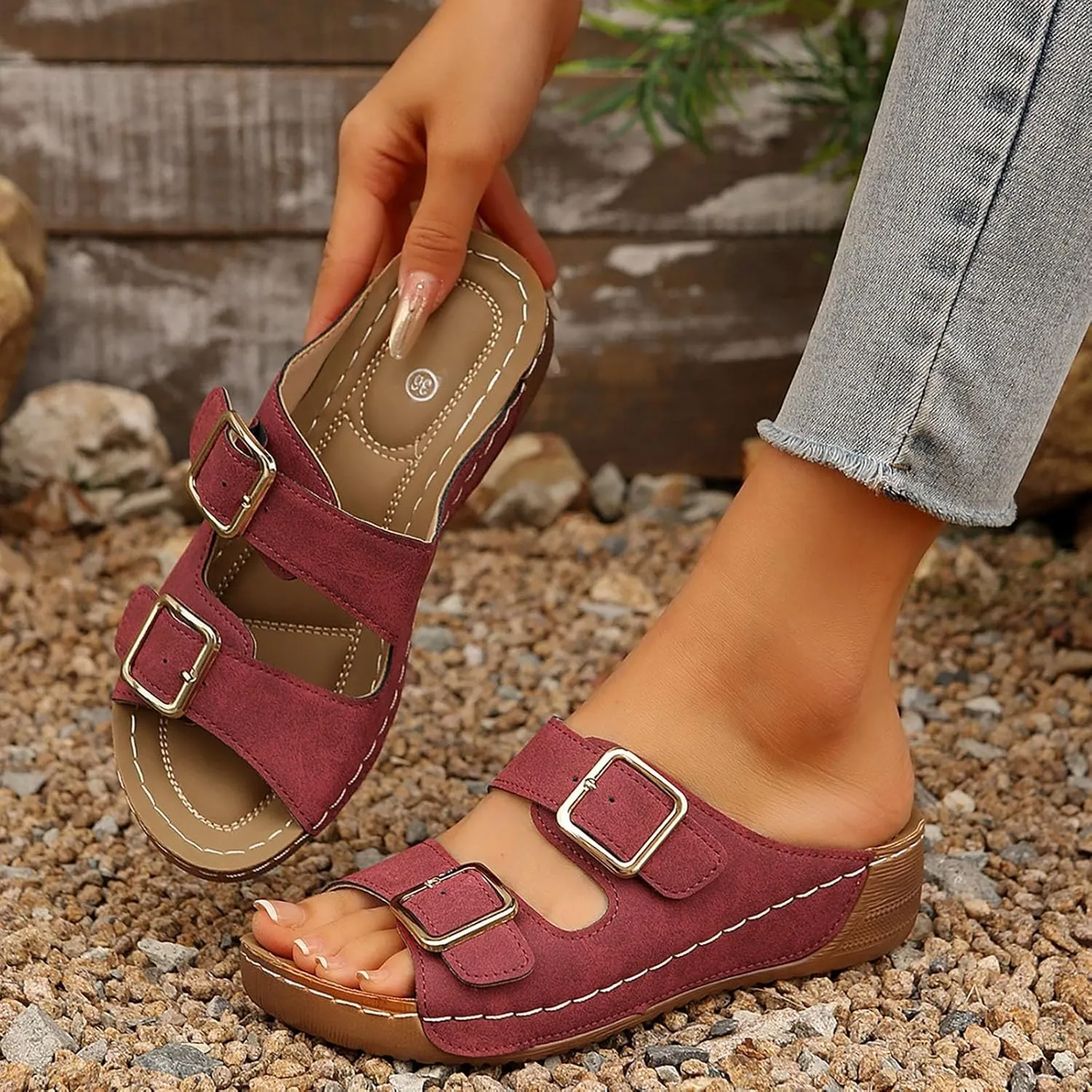 Women's Suede Orthopedic Platform Wedge Sandals 2025 Summer Dressy Open Toe Two Strap Wide Width Slingback Slip On Sandals Fashionable Walking Dress Shoes Arch Support