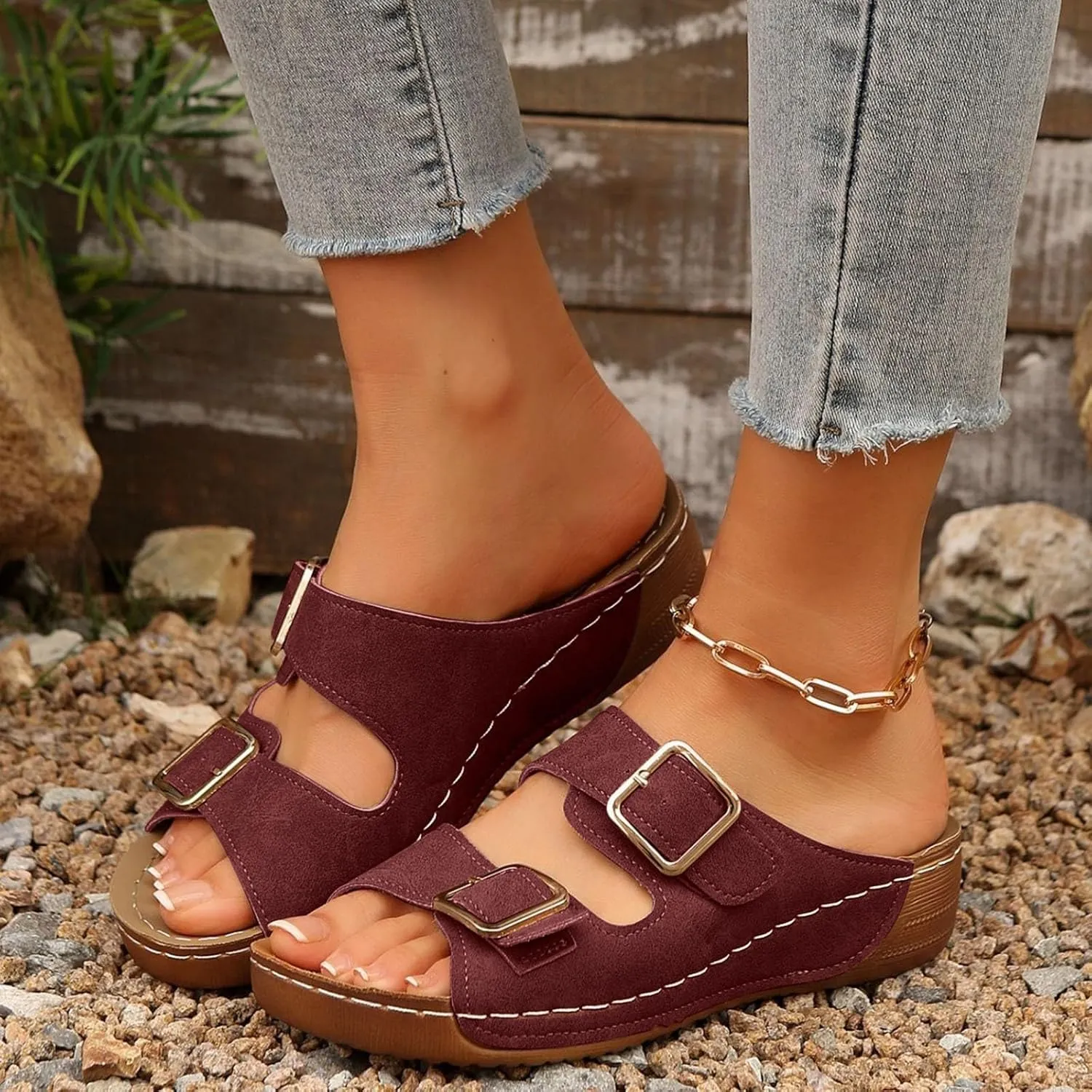 Women's Suede Orthopedic Platform Wedge Sandals 2025 Summer Dressy Open Toe Two Strap Wide Width Slingback Slip On Sandals Fashionable Walking Dress Shoes Arch Support