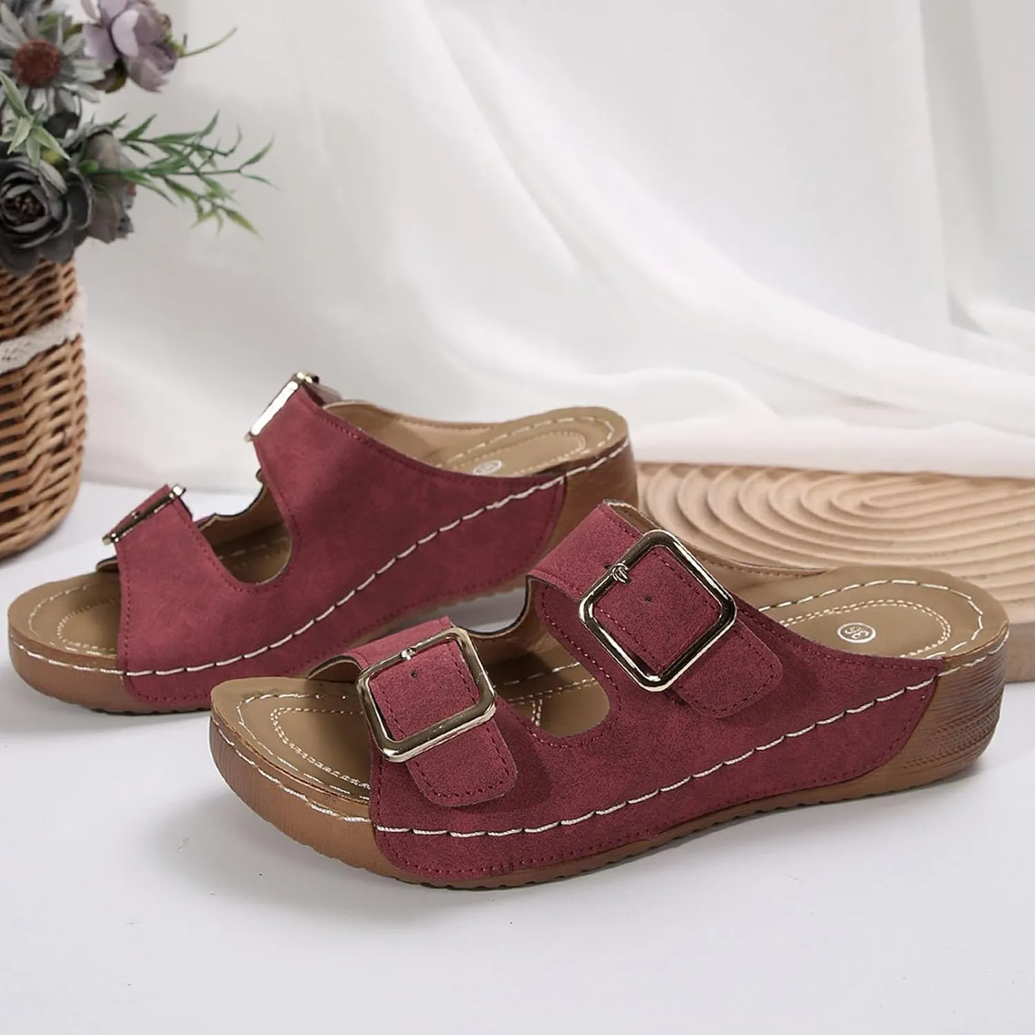 Women's Suede Orthopedic Platform Wedge Sandals 2025 Summer Dressy Open Toe Two Strap Wide Width Slingback Slip On Sandals Fashionable Walking Dress Shoes Arch Support